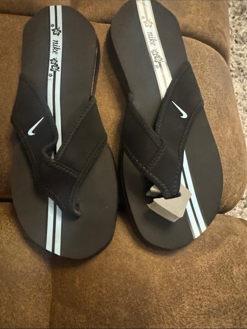 Nike Women’s Black Flip Flops with Light Blue Stripes